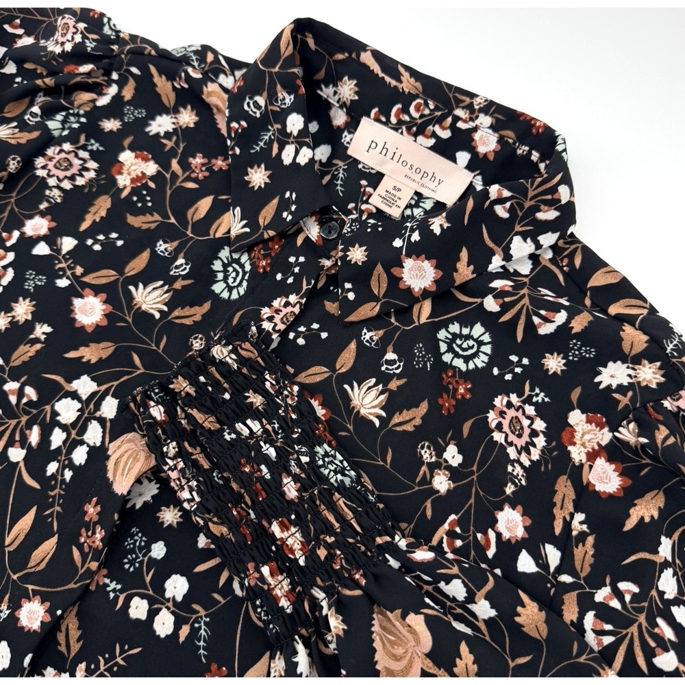 Philosophy Republic Clothing Blouse Womens Small Black Floral Peplum Button